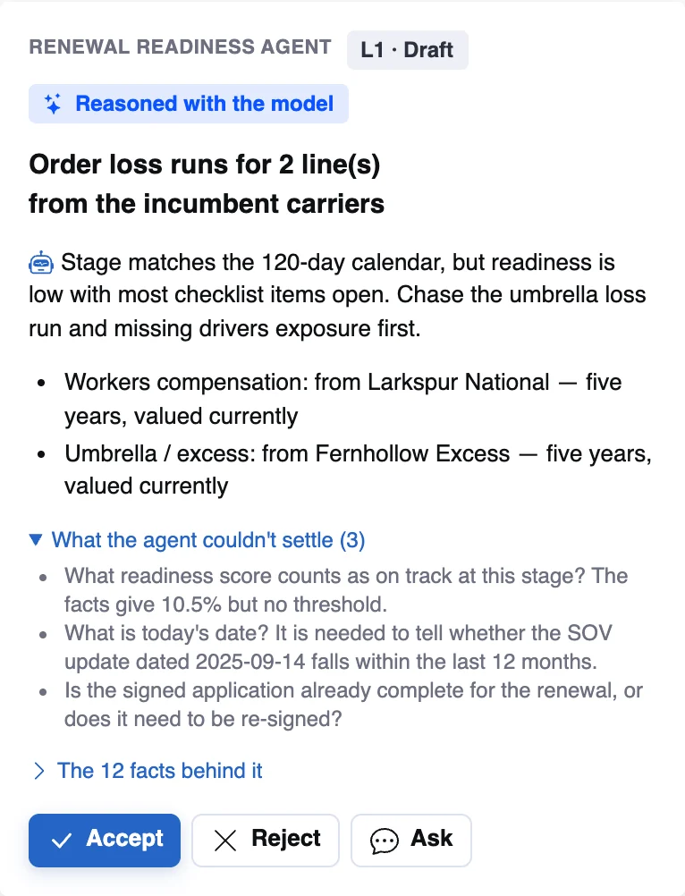 The renewal readiness agent's prepared loss-run orders with what it couldn't settle, on illustrative data